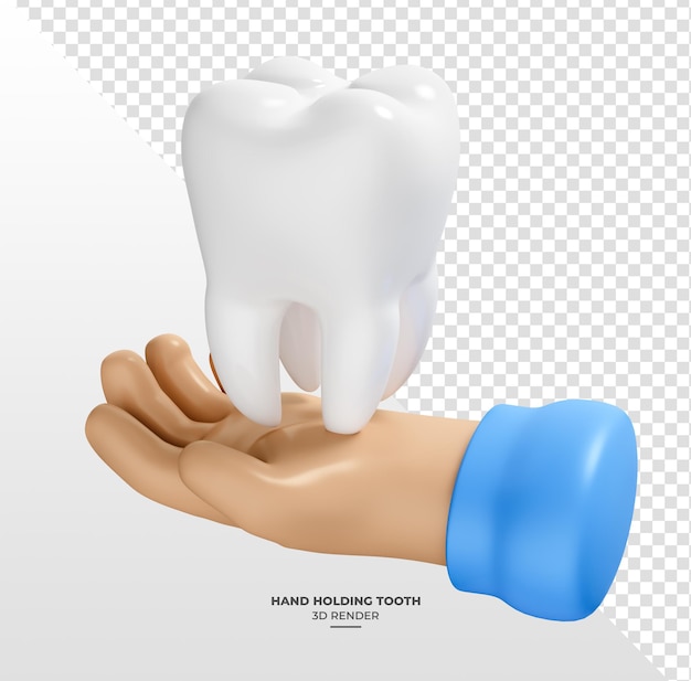 Hand im Cartoon-Stil mit Zahn in 3D-Rendering mit durchsichtigem Hintergrund