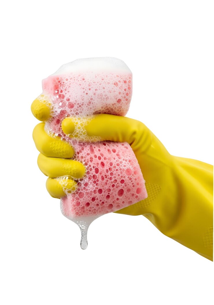 PSD hand in yellow glove squeezing soapy sponge cleaning concept household chores hygiene