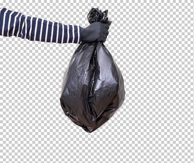 Hand mit Gummihandschuh, der Müllsack isoliert hält