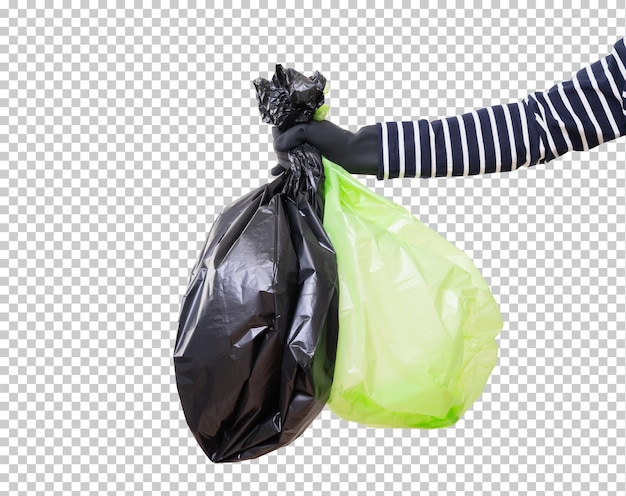 Hand mit Gummihandschuh, der Müllsack isoliert hält