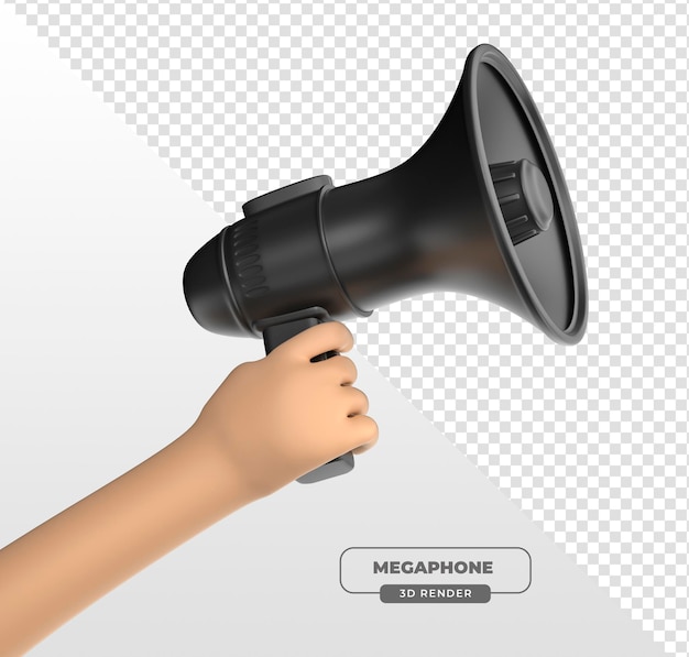 Hand mit schwarzem Megafon in 3D-Render mit durchsichtigem Hintergrund