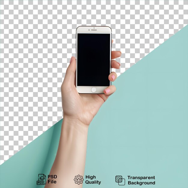 PSD hand mit smartphone mobil-mockup isoliert auf durchsichtigem hintergrund