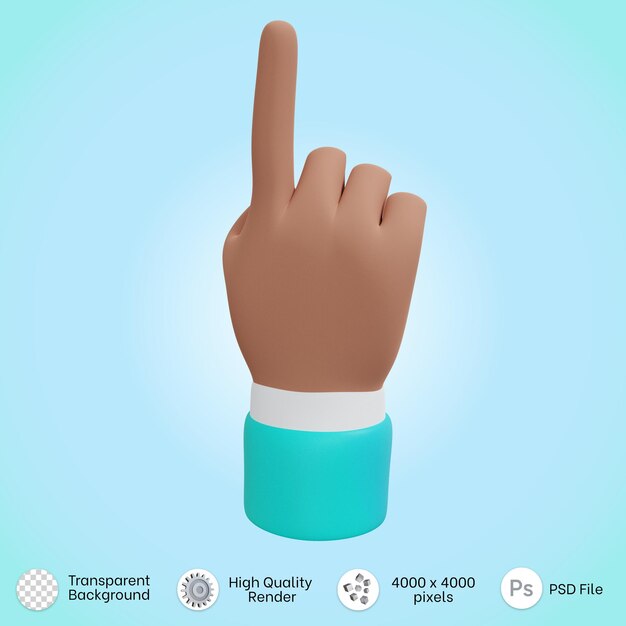 Hand posiert mit nach oben zeigendem Symbol in 3D-Rendering