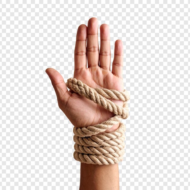 Hand tied with rope isolated on transparent background