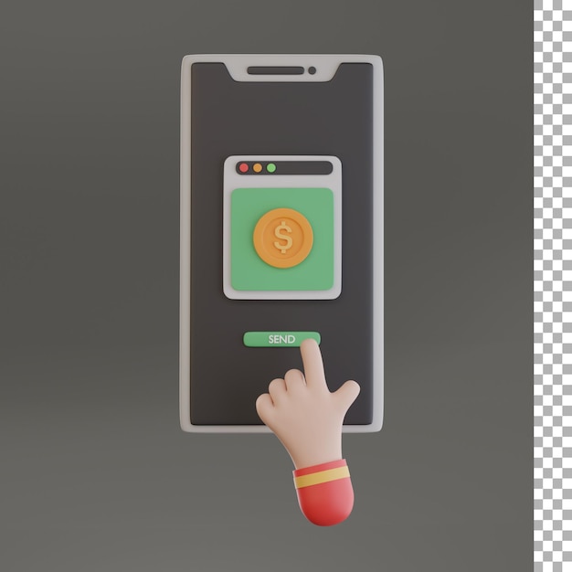 PSD hand-touchscreen-smartphone mit dollar-münze 3d-symbol