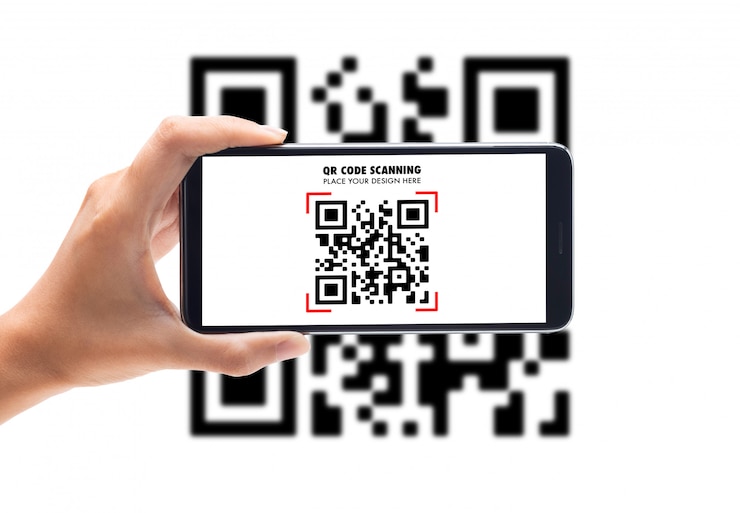 PSD hand using mobile smart phone scan qr code mockup template for your design