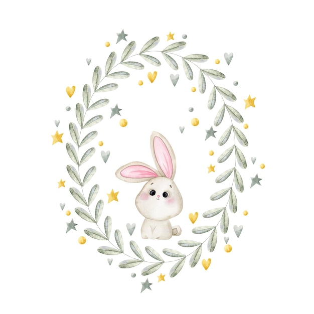 Handdrawn watercolor illustration with easter bunny and wreath