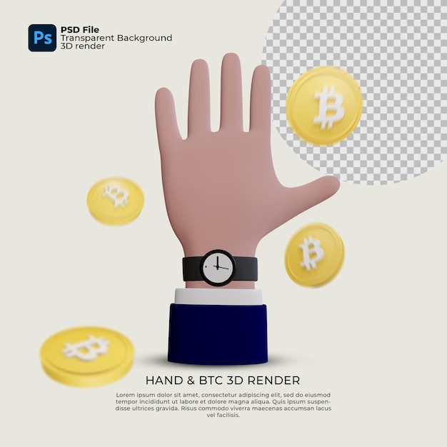 Handgestenillustration und bitcoin-3d-rendering