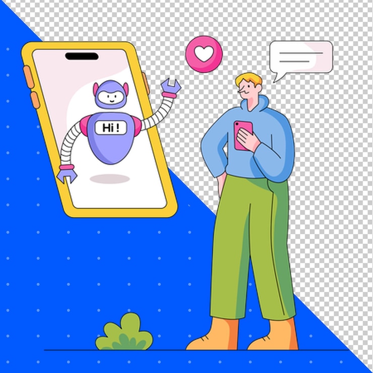 PSD handgezeichnete flache illustration mädchen spricht mit ki mit hilfe von chat png transparenter hintergrund