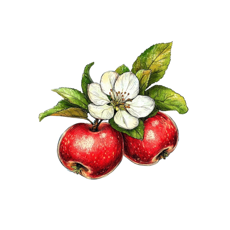 PSD handgezeichnete illustration von roten äpfeln und weißer blüte