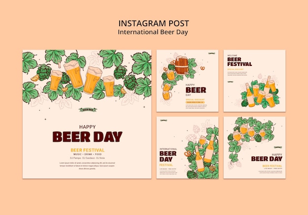 PSD handgezeichnete instagram-beiträge zum internationalen biertag