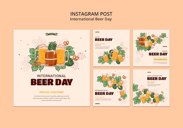 PSD handgezeichnete instagram-beiträge zum internationalen biertag