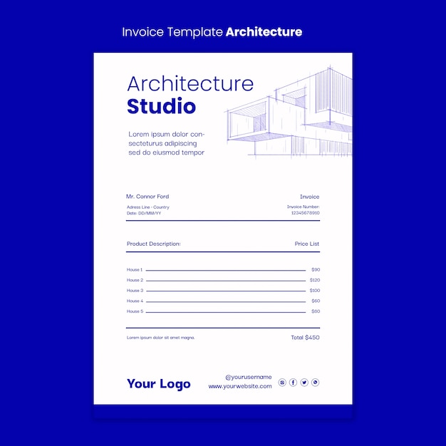 Handgezeichnete rechnungsvorlage für architekturprojekte