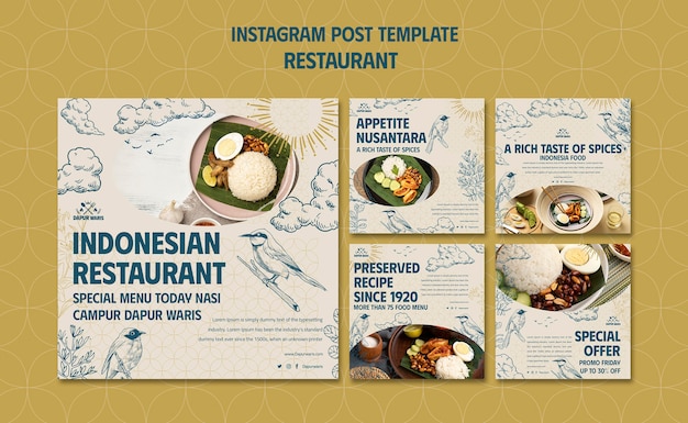 PSD handgezeichnete restaurant-instagram-posts