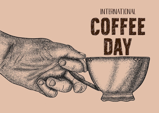 PSD handgezeichneter internationaler kaffeetag mit tassenpunktkunst, punktkunst