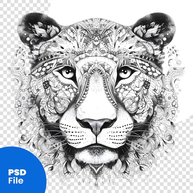 PSD handgezeichneter löwenkopf mit ornament auf weißem hintergrund vektorillustration psd-vorlage