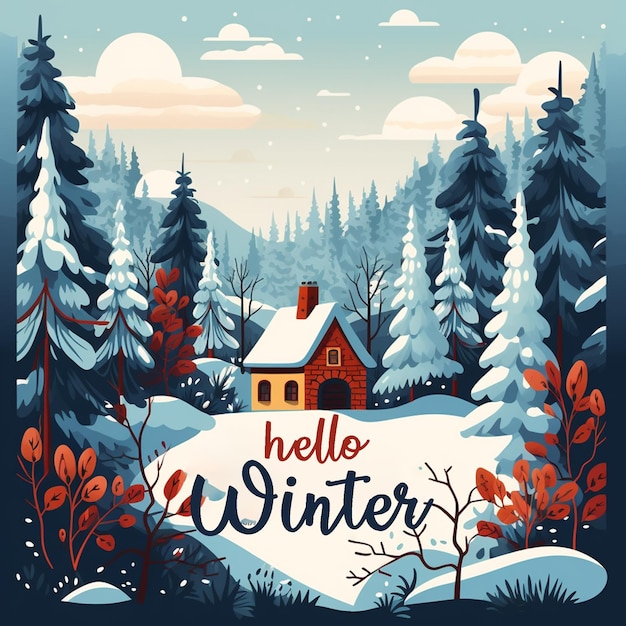 PSD handgezeichnetes hallo winter-konzept mit winterhintergrund und winterbanner-vorlage-illustration