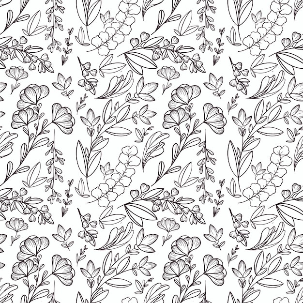 Handgezeichnetes monochromes Blumenmuster mit Blütenzweigen und Blättern auf weißem Hintergrund