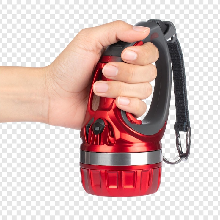 PSD handheld red flashlight in hand isolated
