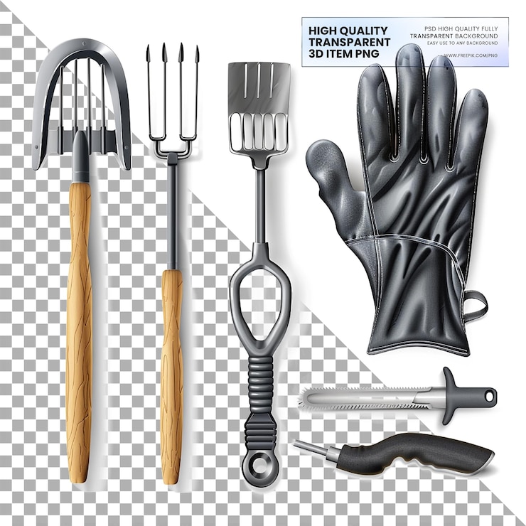 PSD handheld tools used for gardening tasks on transparent background