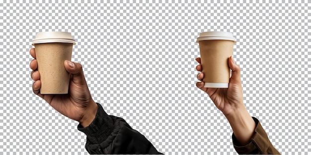 handholding takeaway coffee cups isolated on a transparent or white background cutout PNG