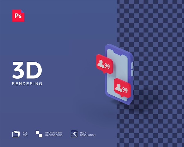 Handphone de ilustración 3d con notificación