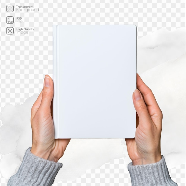 hands holding a blank book with transparent background