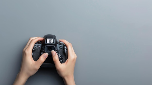 Hands holding a DSLR camera on a gray background 1