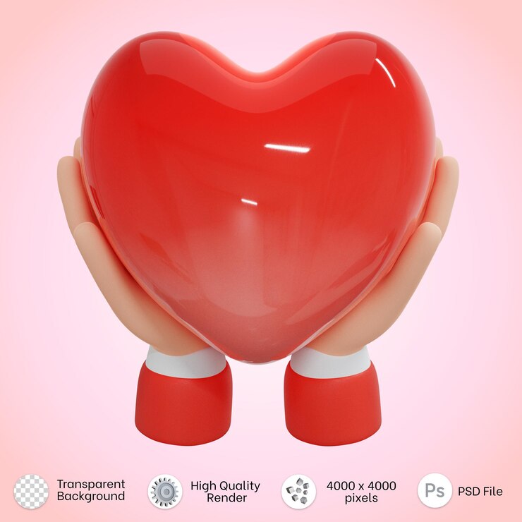 PSD hands holding a huge red heart icon in 3d rendering