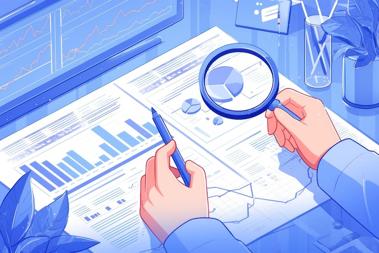 PSD hands holding a magnifying glass over a pie chart on a financial report