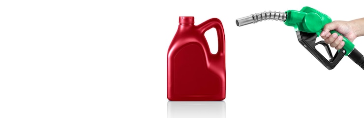PSD hands holding fuel nozzle and bottle of engine oil transparent background