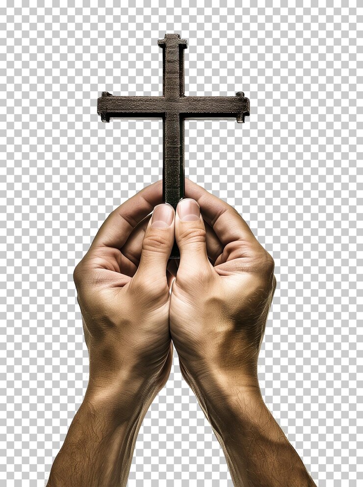 Hands Holding Holy Cross Isolated on Transparent Background