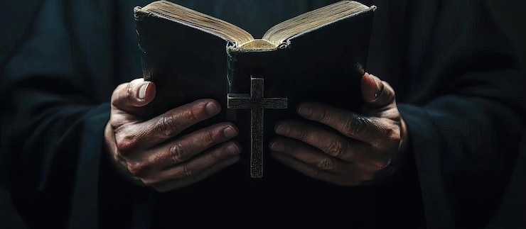 PSD hands holding open bible with cross