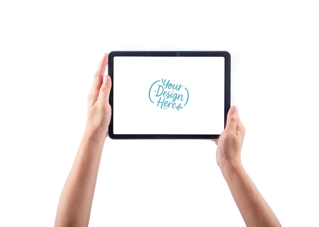 Hands Holding Tablet Mockup with Blank Screen