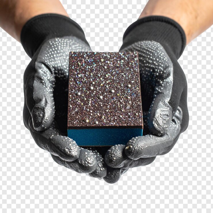 PSD hands in gloves holding a dark gray and blue rectangular object