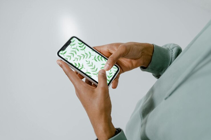 PSD hands interacting with horizontal smartphone psd mockup