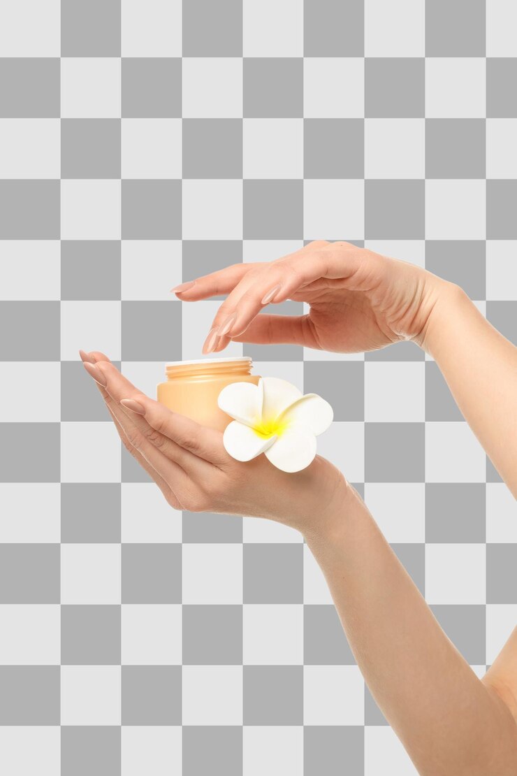 PSD hands reach for a floral cream jar isolated on white png