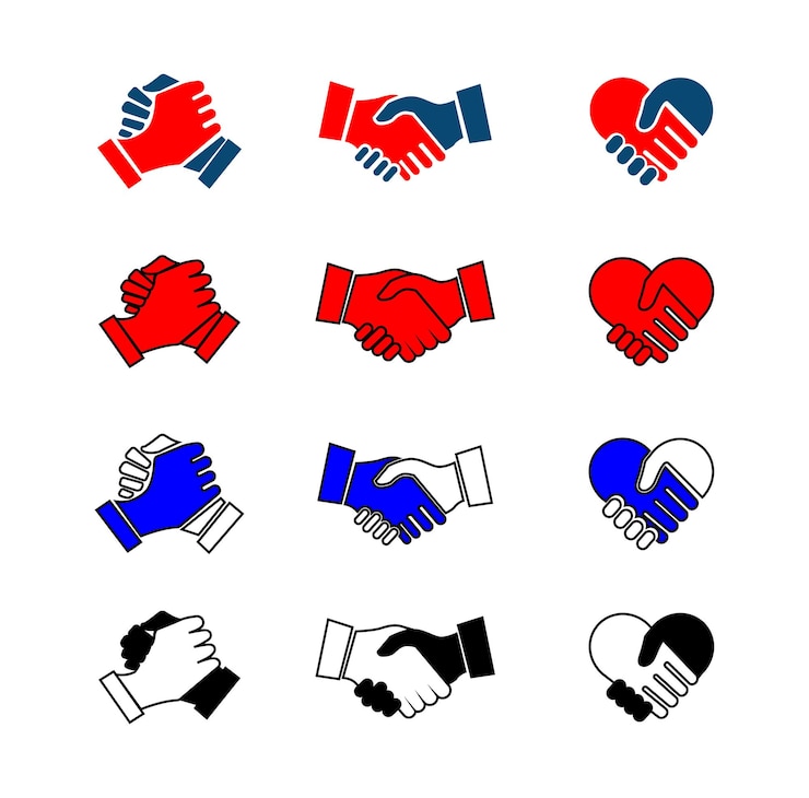 PSD handshake icons in various styles unity agreement and partnership symbols