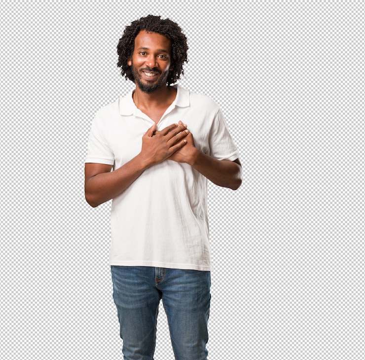 PSD handsome african american facendo un gesto romantico, innamorato di qualcuno o mostrando affetto per qualche amico