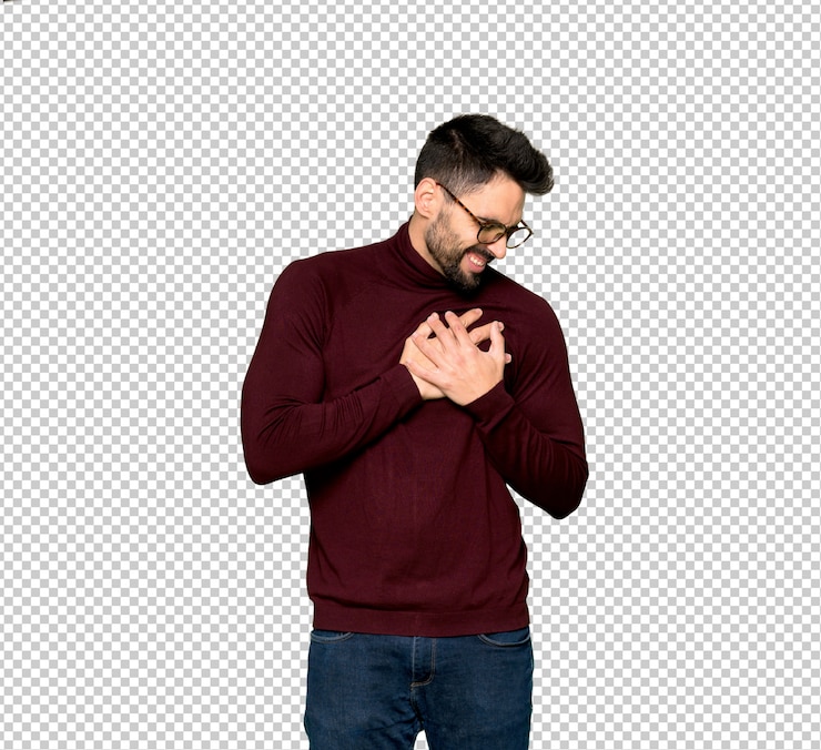 PSD handsome man with glasses having a pain in the heart