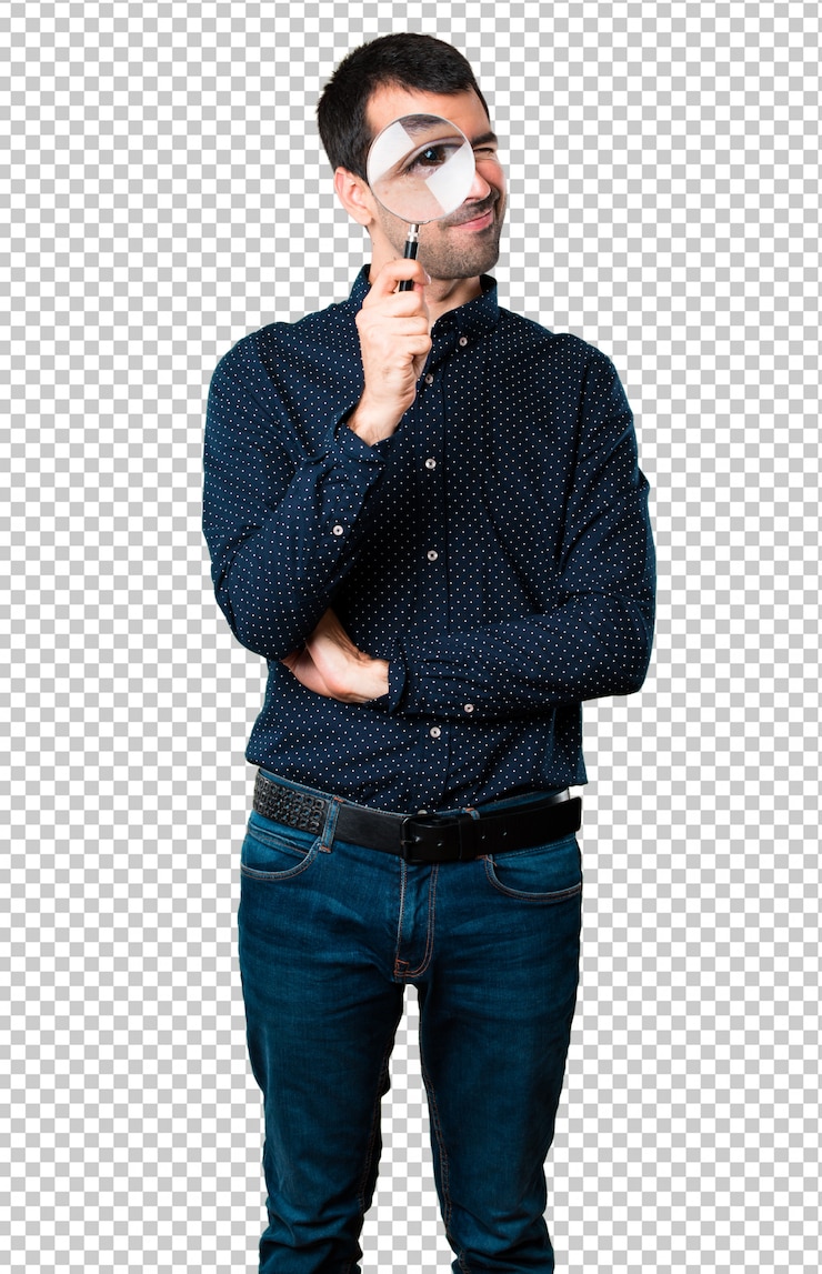 PSD handsome man with magnifying glass