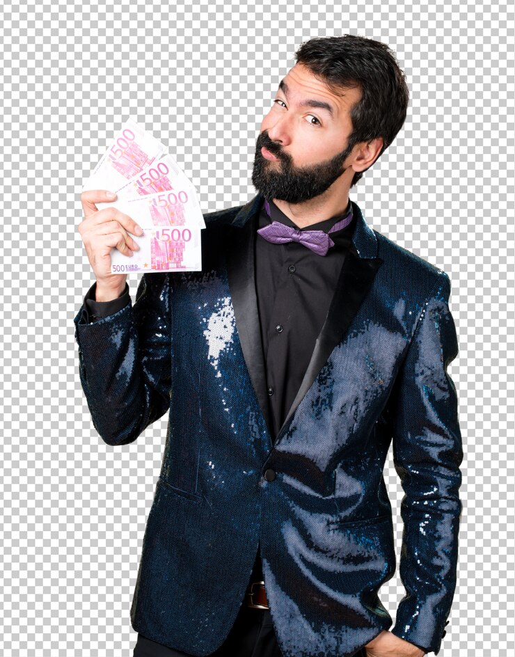 PSD handsome man with sequin jacket taking a lot of money