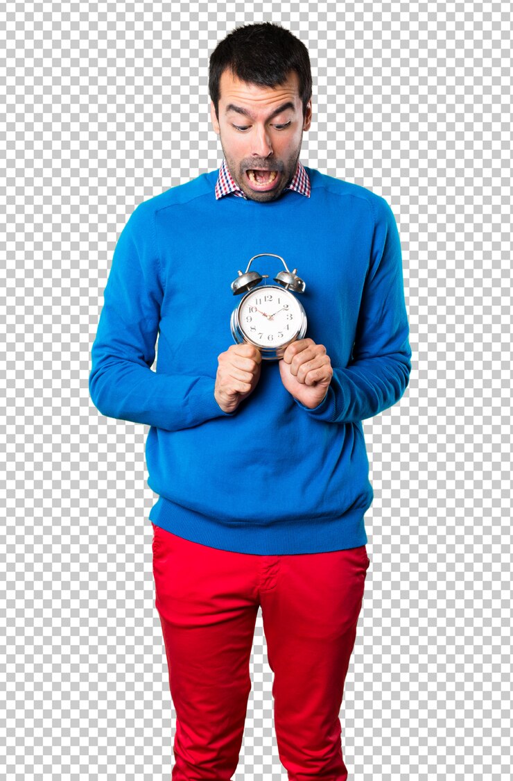 PSD handsome young man holding vintage clock