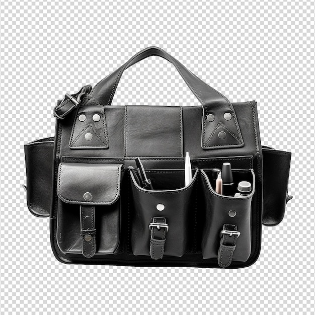PSD handwerker-arbeitstasche aus schwarzem leder, isoliert auf transparentem hintergrund geöffnet