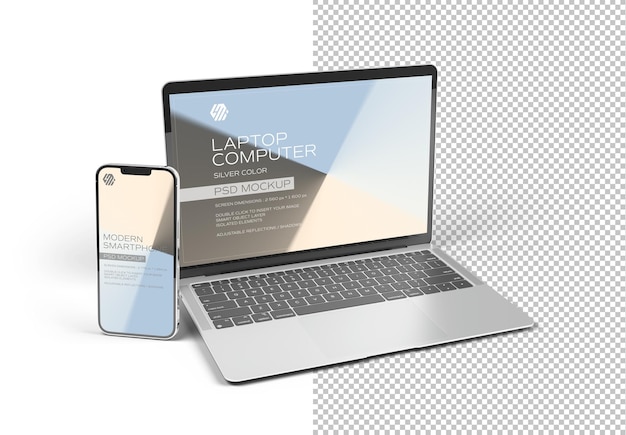 Handy und laptop isoliert auf weißem mockup