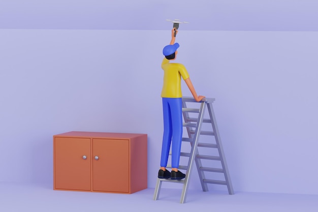 PSD handyman painting ceiling 3d illustration