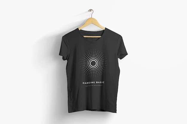 Hanging Basic Black T-Shirt Mockup Template Design mit Schatten-PSD