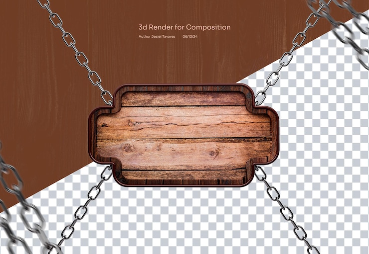 PSD hanging wooden signboard on chains transparent background element for design compositions