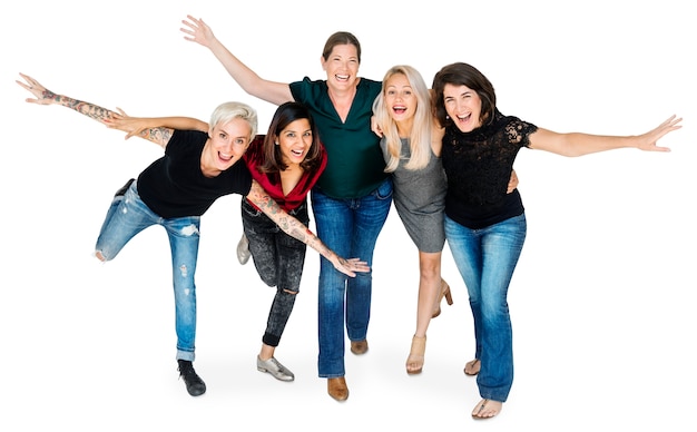 Happiness Gruppe von Frauen Arme gestreckt und huddle verspielt