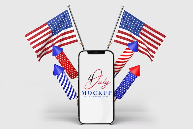 Happy 4. Juli USA Independence Day und Smartphone-Modell mit Dekoration und amerikanischer Flagge